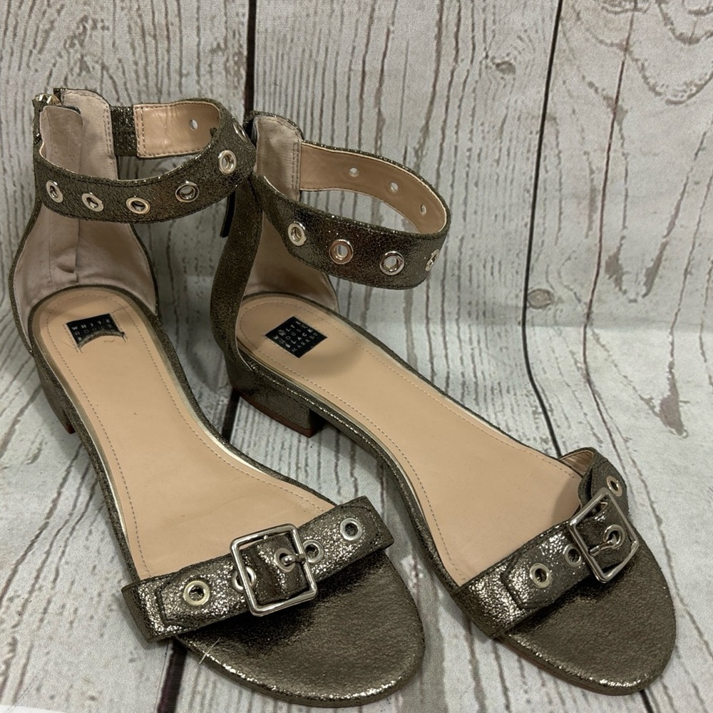 WHBM Cora Sandal Gold Metallic Leather Zip Gromet Buckle Gladiator Cuff